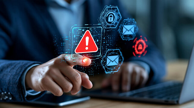 Faceless businessman interacting with holographic phishing warning and email security icons, cybersecurity training, threat detection, digital risk management, corporate