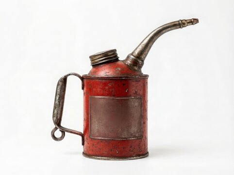 Vintage red metal oil can with a long spout used for lubricating mechanical parts isolated on a clean white background