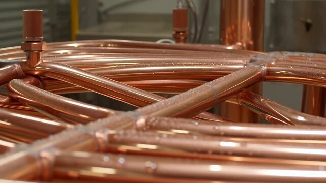 Polished copper tubing coils fill the frame as camera slowly shifts left, revealing connected pipe fittings, moisture droplets, and metallic industrial equipment in soft background focus