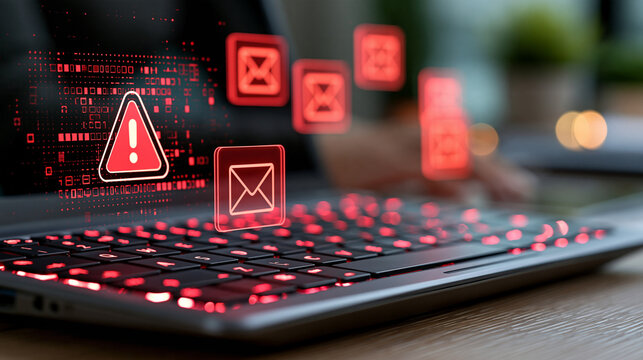 Laptop keyboard with floating warning symbols and email icons above the keys, spam detection, suspicious email, cybersecurity awareness, digital workplace, information security,