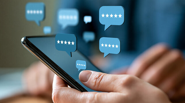 Smartphone displaying positive customer feedback notifications with generic rating stars and comment bubbles, customer engagement, social proof, digital marketing, online
