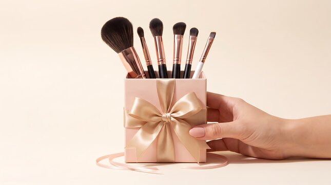 Makeup brushes arranged in a gift box with a decorative bow on a light background