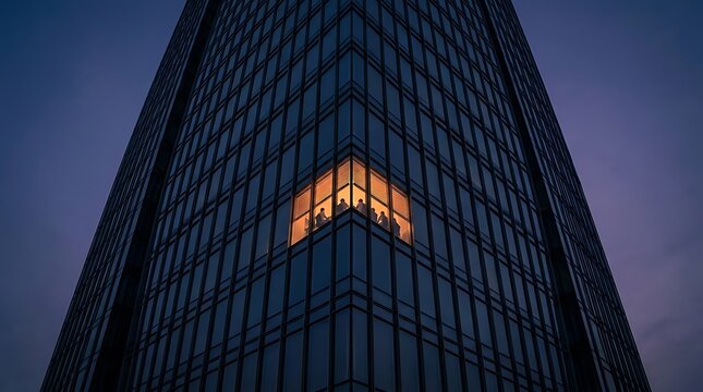 Modern skyscraper exterior with glowing illuminated corner office window at twilight dusk