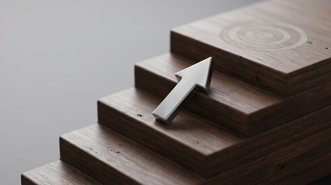 Metallic Arrow Pointing Upward on Wooden Steps Toward a Target