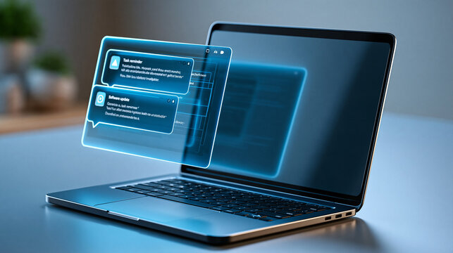 Glowing notification panel beside laptop showing generic task reminder and software update alerts, workplace productivity, digital workflow, system communication, office