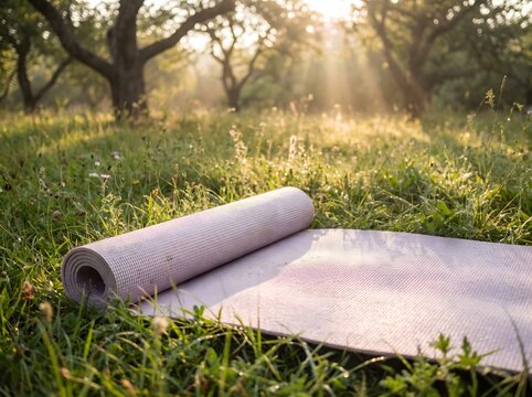Purple yoga mat unrolled on green grass in morning sunlight