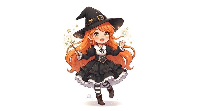 Cute chibi witch girl with long orange hair and black dress holding a magic wand isolated on white background