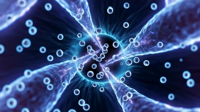 Glowing blue translucent forms twist around a dark central opening as bright circular particles drift through layered depth, creating fluid abstract motion against a deep navy background