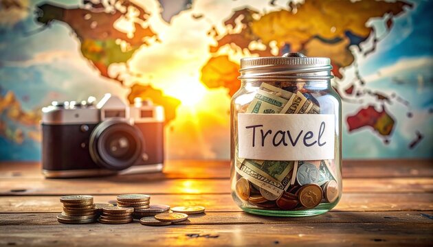 A glass jar labeled Travel filled with cash sits on a wooden desk before a blurred map and vintage camera. No people. This inspiring image evokes dreams of exploration, saving money, and adventure.