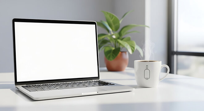 Open laptop with blank screen on a desk with a plant