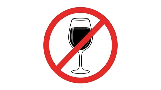 Red prohibition sign with wine glass icon indicating no alcohol allowed isolated on white background