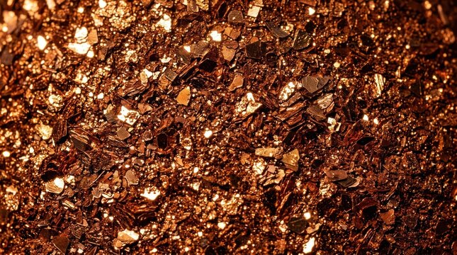 Sparkling copper confetti texture with glowing bokeh lights