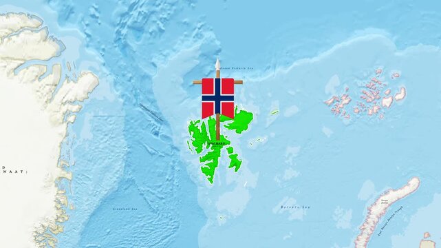 Animated topographic map zooming into Svalbard showing the Norwegian flag