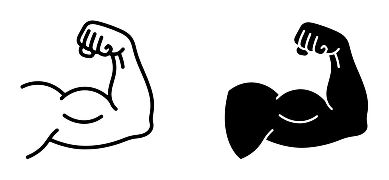 Bicep Flex Icons: Outline and Silhouette of Muscular Arm, Symbolizing Strength, Power, and Fitness for Health and Sports Graphics