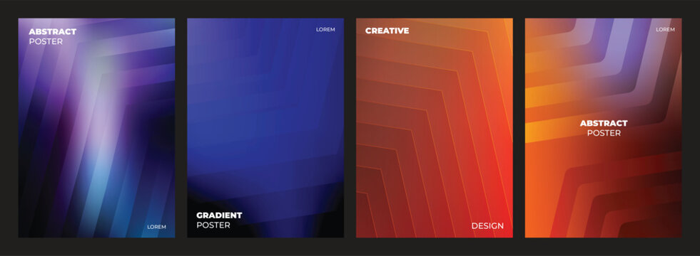 Abstract red black poster templates set. Vector modern gradient cover designs with circular waves, spiral vortex, light beams and folded geometric shapes 