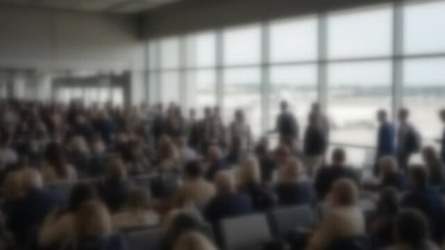 Blurred crowd of passengers filling a packed airport departure gate