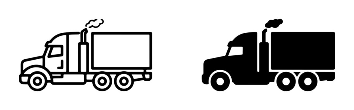 Semi-truck icon set, outline and silhouette, freight transport, logistics vehicle, cargo delivery, commercial trucking, industrial transportation