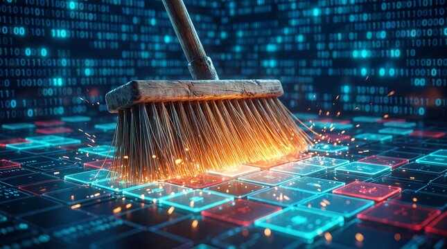 Wooden broom sweeps away glowing binary code fragments on a sleek dark digital circuit surface