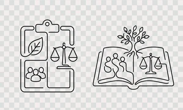 Esg reporting icon Set icon set line icons set one line art vector editable design new 2026 Legal justice and community growth illustrated with balance scale, tree, and open book icon Vector, illustra
