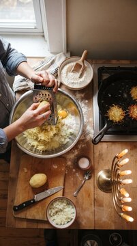 Hands grating potatoes for Hanukkah latkes
