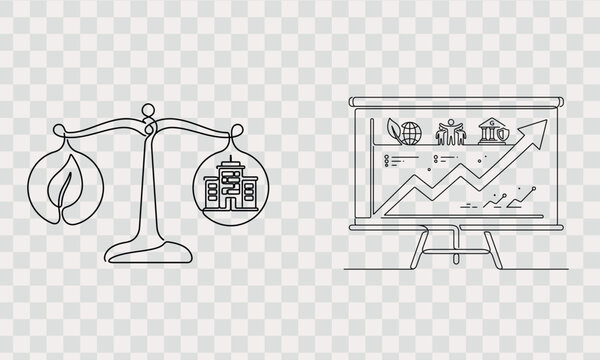 Esg reporting icon Set icon set line icons set one line art vector editable design new 2026 Balance scale with leaf and building versus presentation screen with growth chart illustration Vector, illus