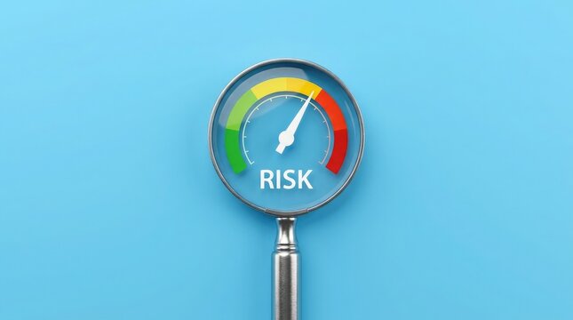 Magnifying glass focuses on a risk indicator with a colored gauge and needle