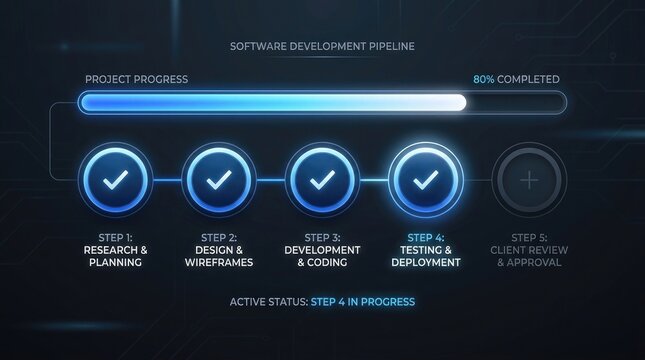 Progress bar with checkmark icons illustrates software development stages