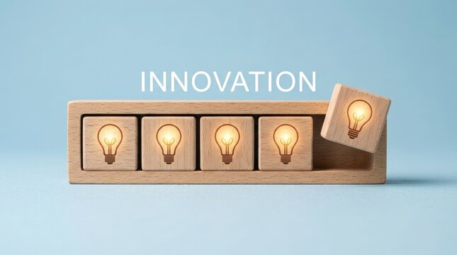 Wooden blocks with lightbulb engravings represent innovation and problem solving concepts