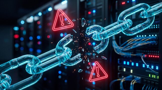 Glowing blue glass chain snaps apart with red warning symbols floating in bright digital space