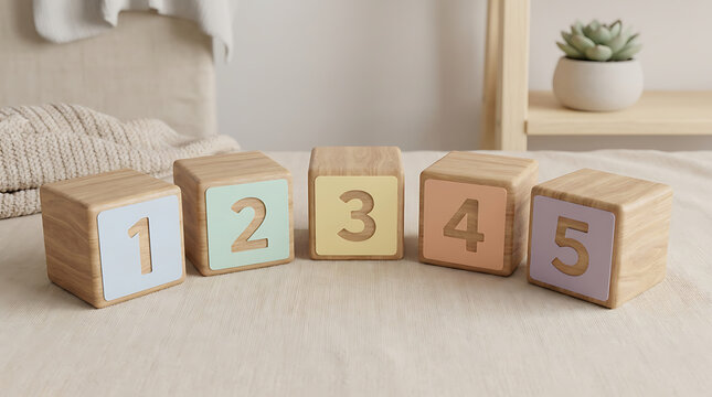 Wooden number blocks labeled 1 to 5 arranged on a neutral background for educational materials
