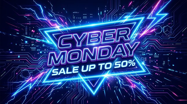 Neon cyber monday sale advertisement with futuristic digital effects and glowing lines