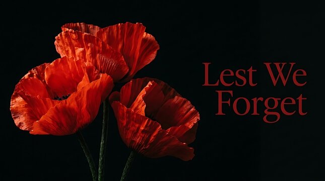 Remembrance day poppies with the text lest we forget against a dark background