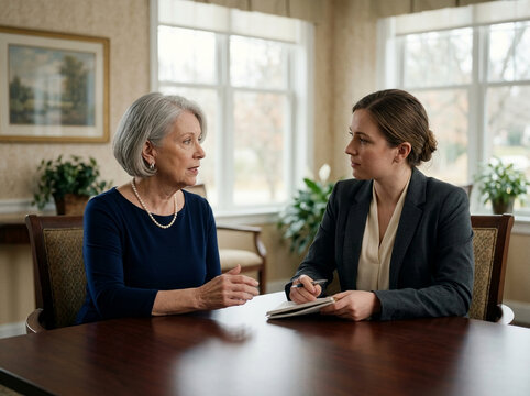 Senior woman discussing important documents or life plans with a professional female legal advisor or financial planner in a bright office room.