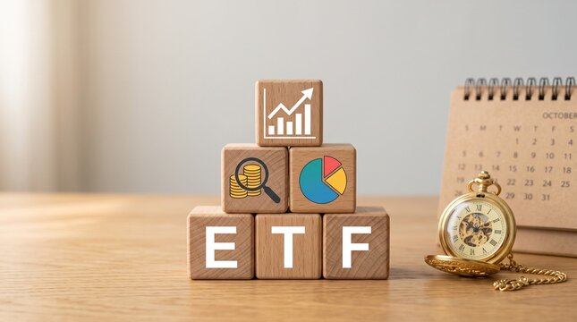ETF investment concept with wooden blocks stacked on office table