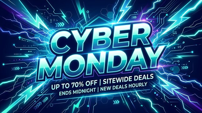 Cyber monday sale banner with glowing digital lines and bright text