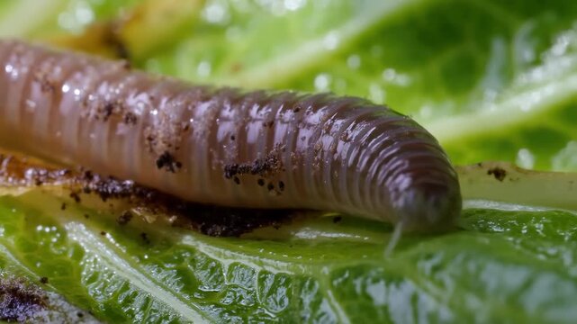 Segmented wormlike invertebrate crawls slowly across a wet green leaf, its ridged brown body flexing forward through soil specks in an extreme close-up of moist foliage