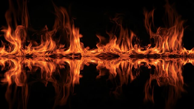 A black and orange Halloween background featuring abstract orange flames reflected in glossy black glass, no visible fireplace or identifiable objects, dramatic mirrored patterns, rich tonal contrast