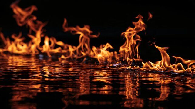 A black and orange Halloween background featuring abstract orange flames reflected in glossy black glass, no visible fireplace or identifiable objects, dramatic mirrored patterns, rich tonal contrast