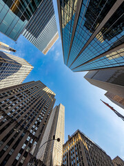American flags waving among New York City skyscrapers. Upward view of flags on poles positioned...