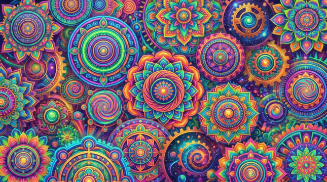 Vibrant Psychedelic Mandala Pattern Abstract Colorful Floral Geometric Ornamental Design Background