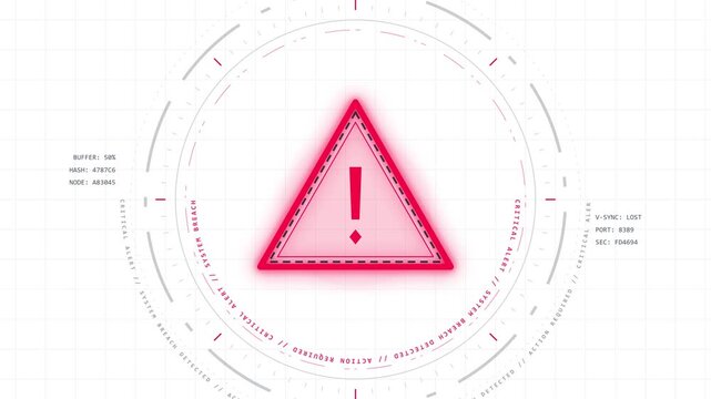 A bright red triangular warning sign with a thick border and an exclamation mark inside, set against a clean, modern, white background with subtle digital graphics and concentric circles