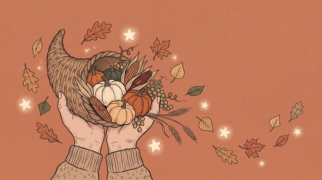 Hands Holding Autumn Cornucopia with Pumpkins and Leaves