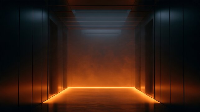 A cinematic black and orange Halloween background showing an empty modern elevator with black metallic walls and glowing orange floor illumination, symmetrical perspective, reflective surfaces
