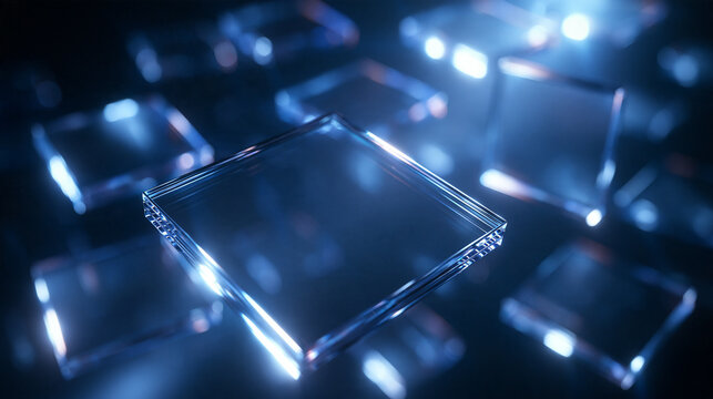 Glowing Glass Blocks Floating in Abstract Digital Space