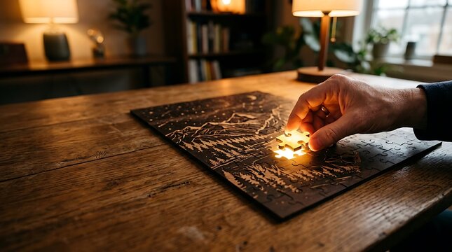 Cozy wooden puzzle solving activity with warm lighting on rustic table