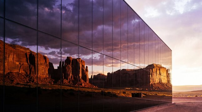Desert Landscape Reflected on Modern Mirrored Glass Building