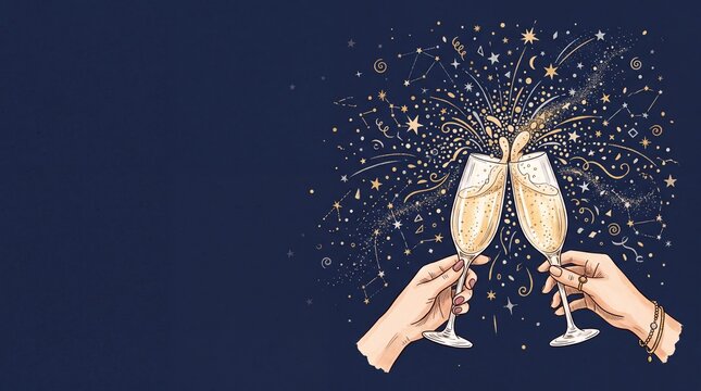 Hands Toasting Champagne Flutes with Golden Fireworks Celebration
