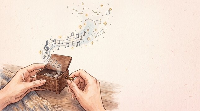 Hands Playing Vintage Wooden Music Box with Musical Notes