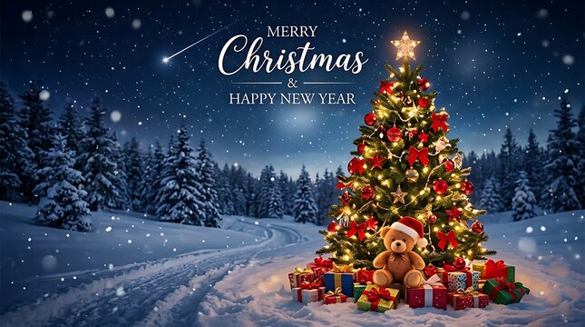 Snowy winter landscape with glowing christmas tree and shooting star on starry night background