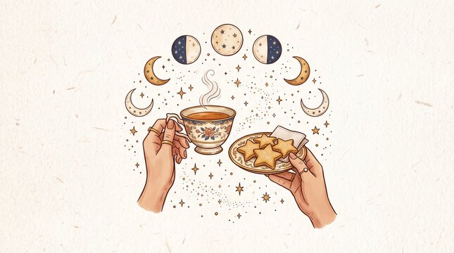 Hands Holding Teacup and Star Cookies with Celestial Moon Phases